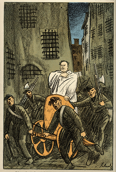 Cartoon of Mussolini being pushed in a carriage by soldiers.