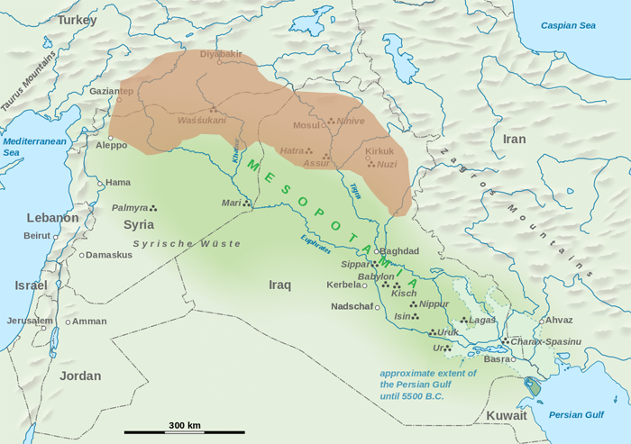 Map of Mesopotamia, showing a large area to the north of the country where Halaf pottery has been found.