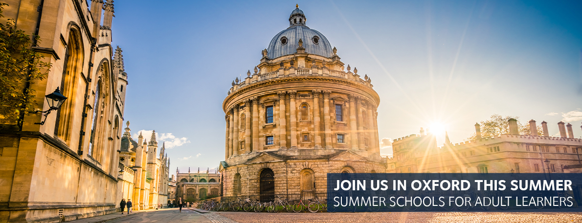 Photo of the Radcliffe Camera with the text 'join us in Oxford this summer, summer schools for adult learners'.