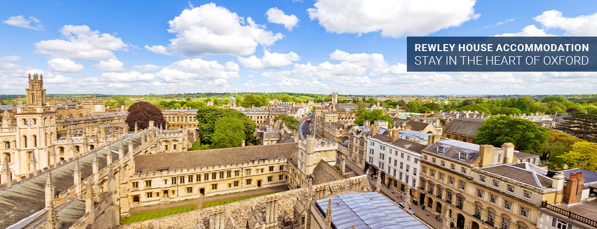 Oxford skyline with the text 'stay in the heart of Oxford, Rewley House accommodation'